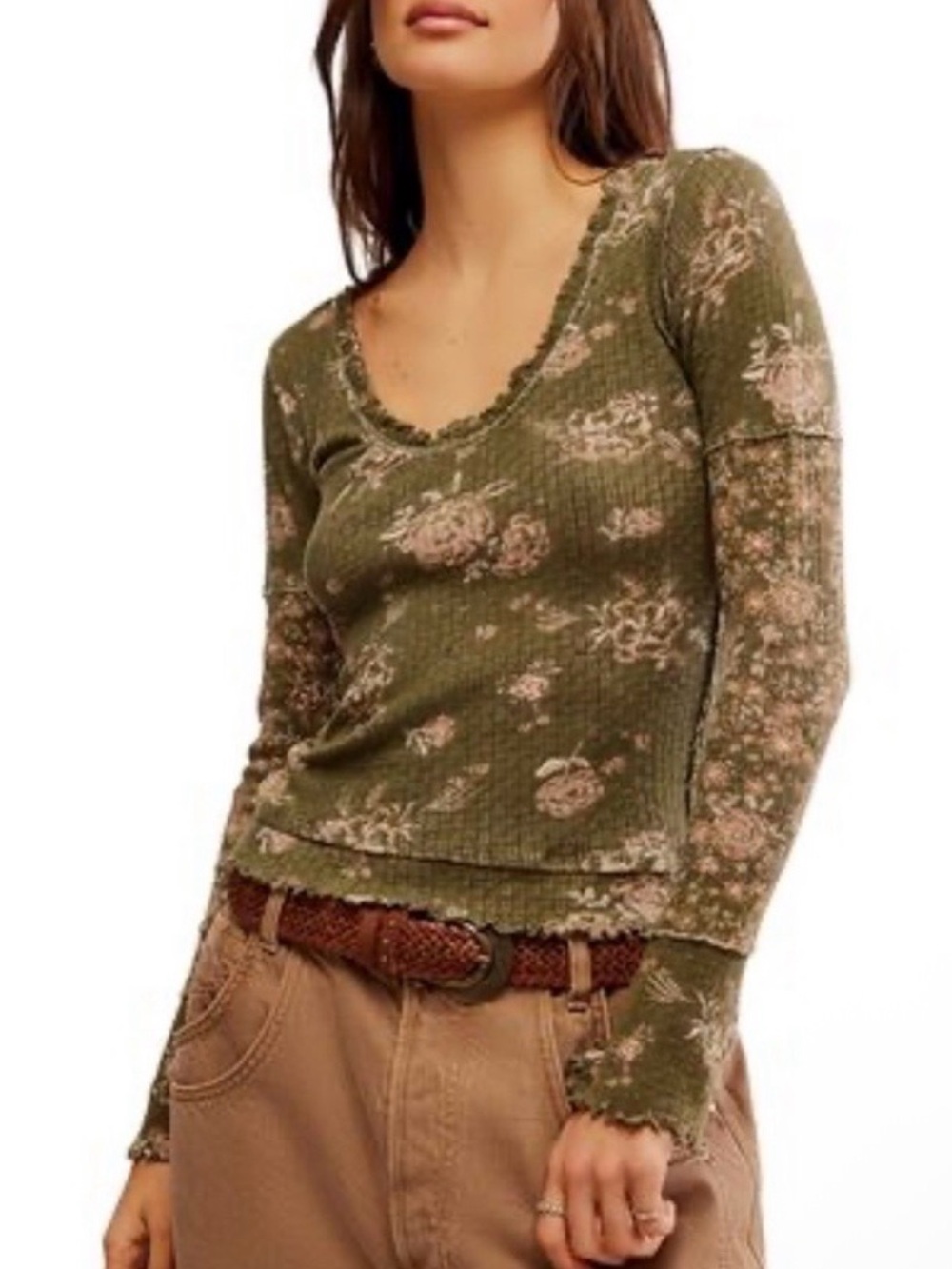 We The Free Olive Floral Ribbed Long Sleeve Top with Pink Accents